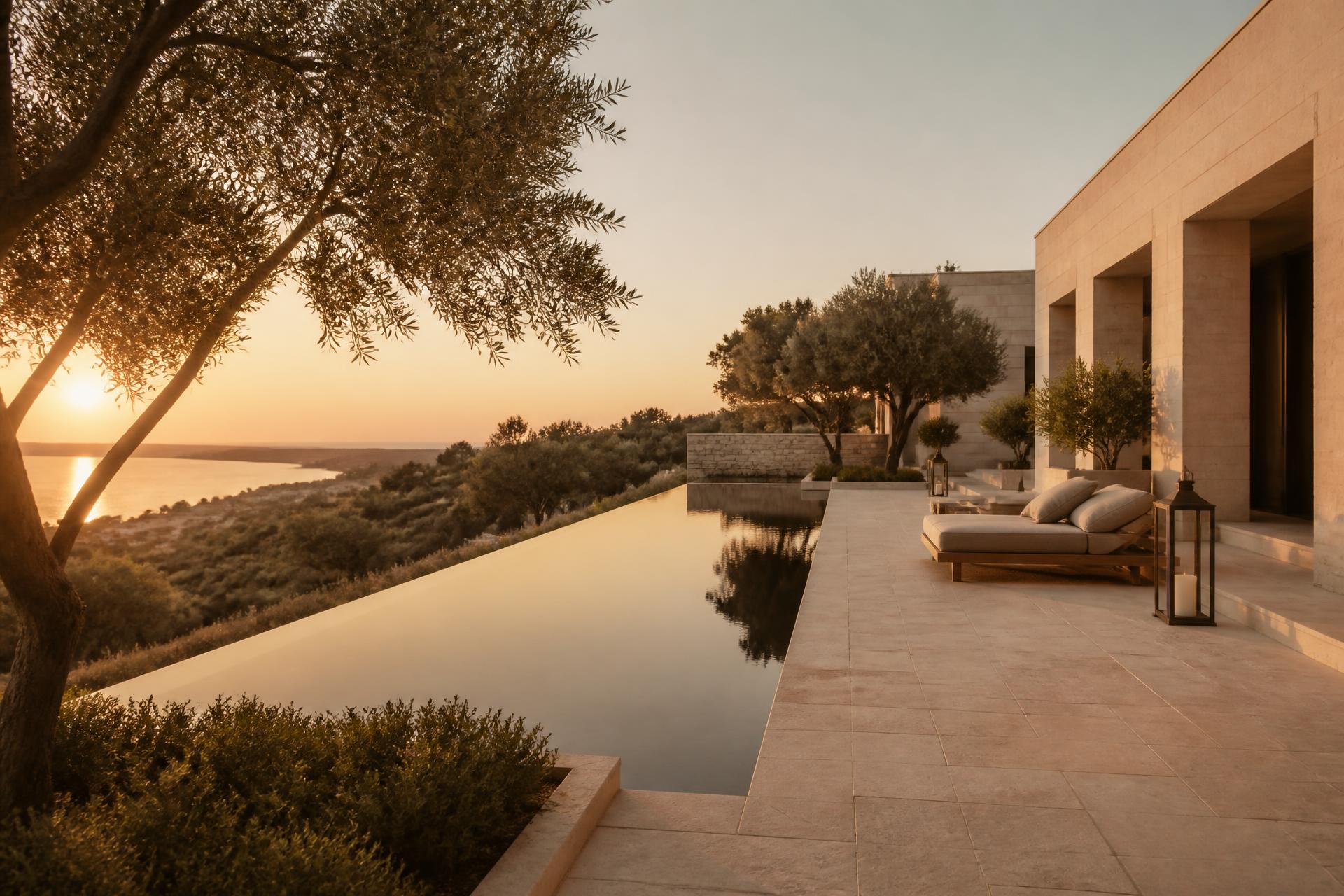A stone villa terrace at golden hour